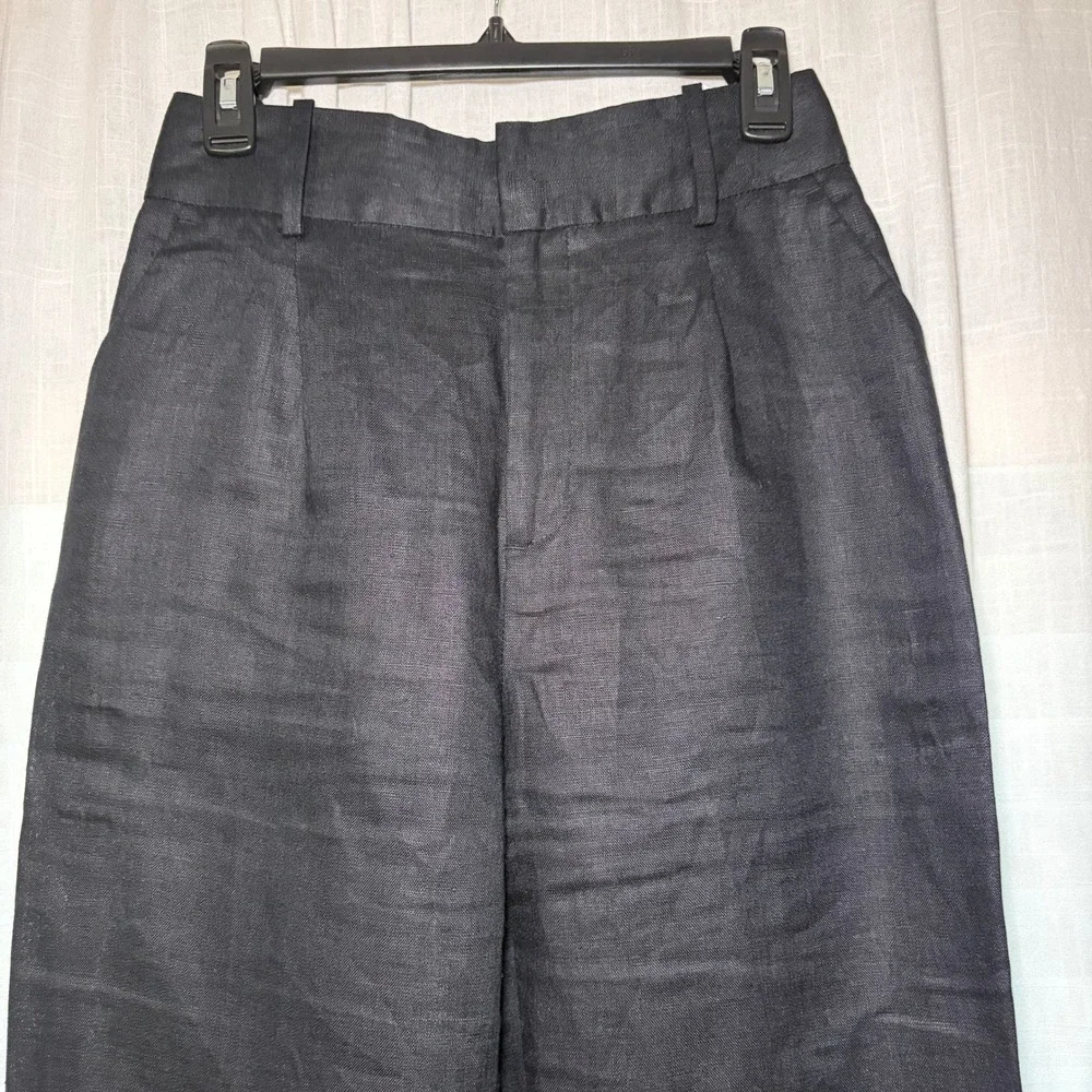 Zara Linen Pants Womens‎ Small Black High Waisted Belted Tapered Trousers Spain